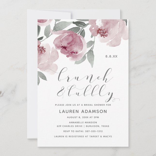 Invitation Rose Dusty Aquarelle Bridal Brunch Bubbly Douche (Devant)