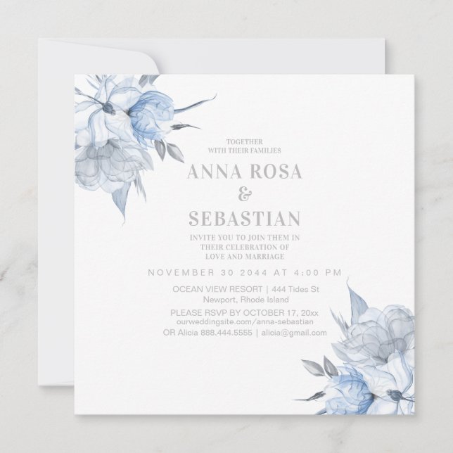 Invitation *~* Rose Dusty Blue Floral AR15 MARIAGE RSVP + Ent (Devant)