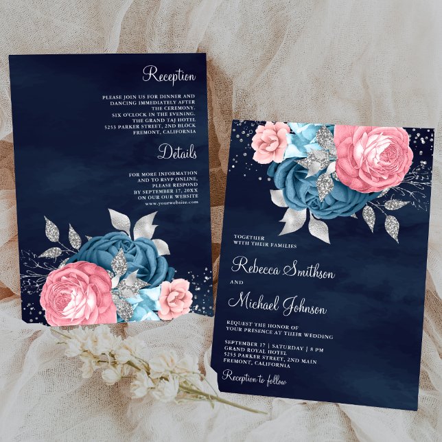 Invitation Rose Dusty Blue Floral tout en un Mariage de marin (Créateur téléchargé)