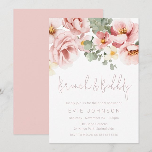 Invitation Rose Dusty Brunch & Fête des mariées Bubbly (Devant / Derrière)