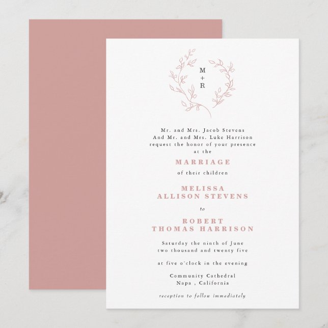 Invitation Rose Dusty dessiné main Mariage officiel de la cou (Devant / Derrière)