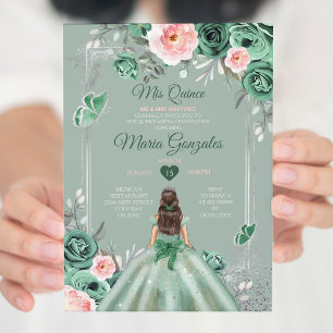 Invitation Rose Dusty Green Silver Mis Quince 15 Anos