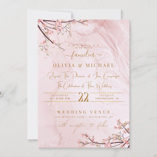 Invitation Rose DUSTY MARBLE OR ABSTRAIT FLORAUX MARIAGE (Devant)