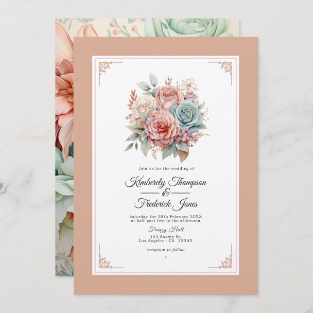 Invitation Rose Dusty, Mint Green et Blush Floral Mariage (Devant / Derrière)
