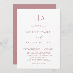 Invitation Rose Dusty Monogramme Simple minimaliste Mariage