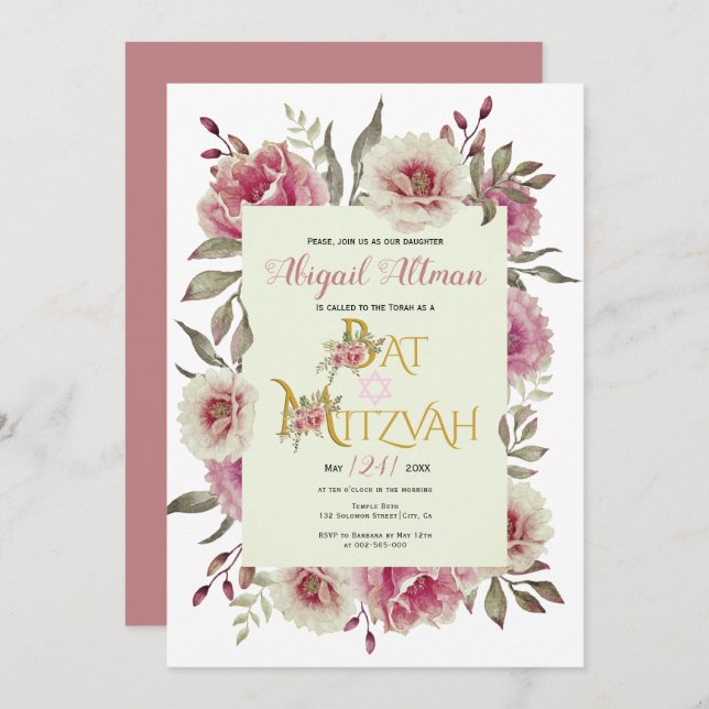 Invitation Rose duveteux aquarelle fleurs Bat mitzvah fleuris (Devant / Derrière)