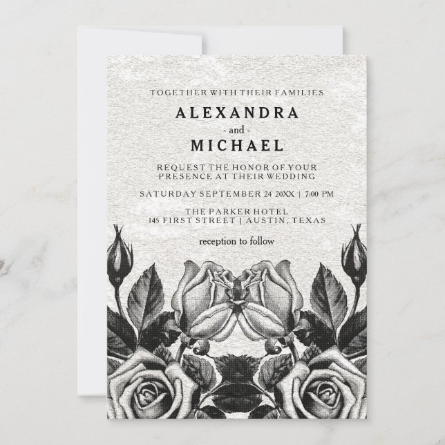 Invitation Rose Edgy Victorian Mariage noir et blanc (Devant)