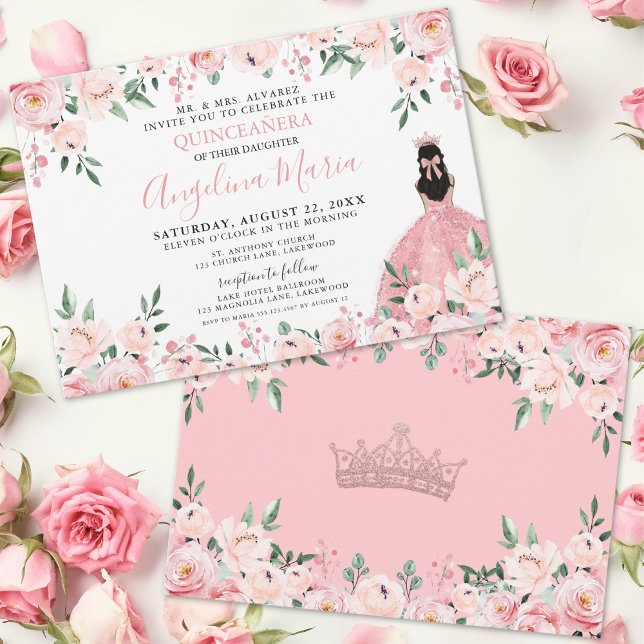 Invitation Rose Égayant Fleurs Quinceanera (Blush Pink Floral Quinceanera Invitation)