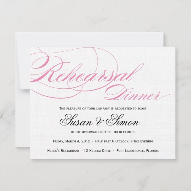 Invitation Rose élégant d'invitation de dîner de répétition (Devant)