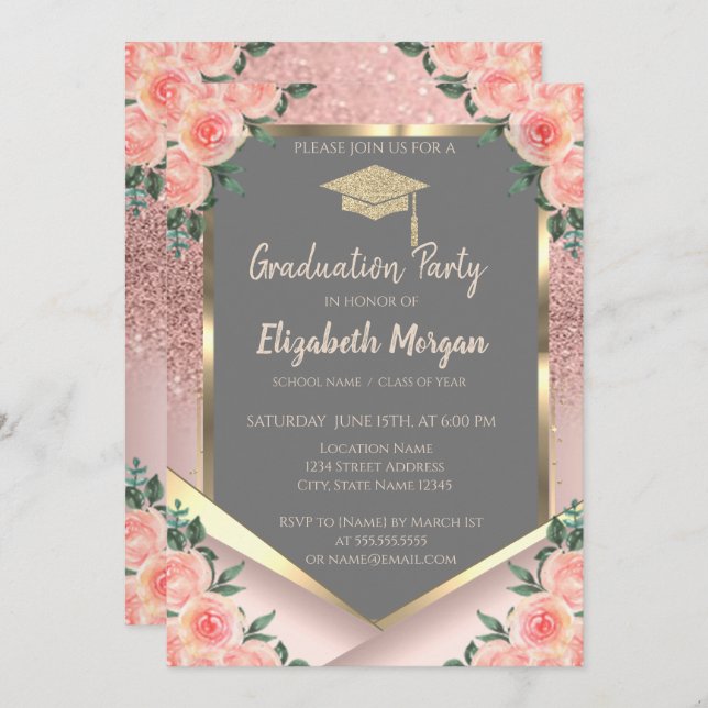 Invitation Rose élégant Parties scintillant or Floral Graduat (Devant / Derrière)