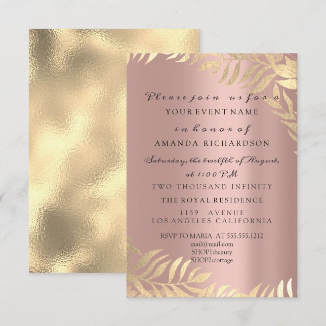 Invitation Rose élégante de jungle dorée pour mariage et anni (Devant / Derrière)