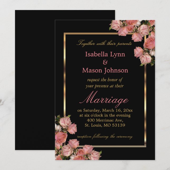 Invitation rose élégante de roses de mariage (Devant / Derrière)