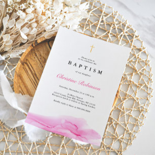 Invitation Rose élégante encre or croix Baptême & Christening