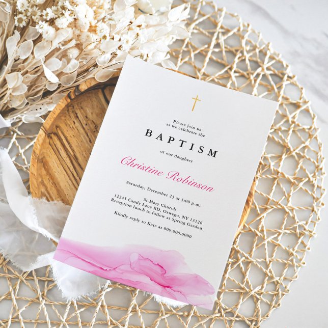 Invitation Rose élégante encre or croix Baptême & Christening (Créateur téléchargé)