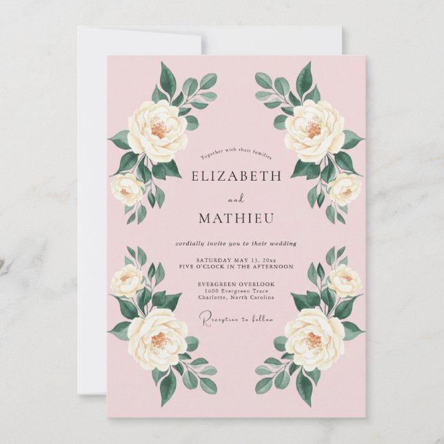 Invitation Rose Élégante Mariage Rose Pâle (Devant)
