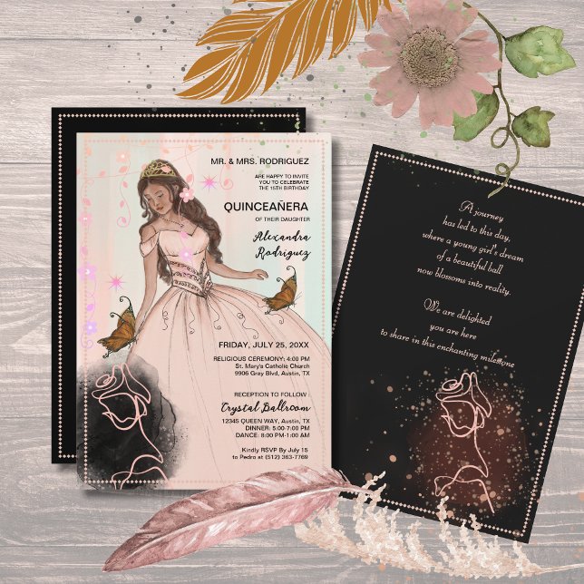 Invitation Rose Élégante & Papillon Rose Noir Quinceañera (Elegant Rose & Butterfly Pink Black Quinceañera Invitation)