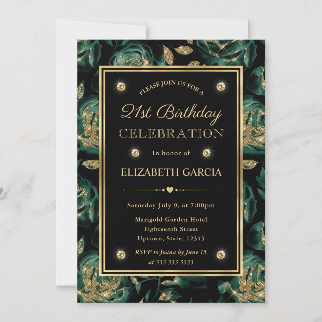 Invitation Rose Élégante Verte et Or Fleurs 21e Anniversaire (Devant)