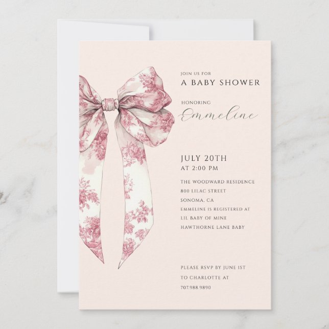 Invitation Rose Émouvant Toile Nœud Baby Shower (Devant)