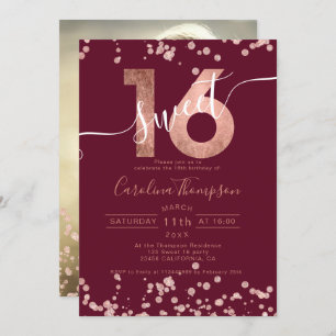 Invitation Rose en feuille d'or confetti rouge Sweet 16 photo