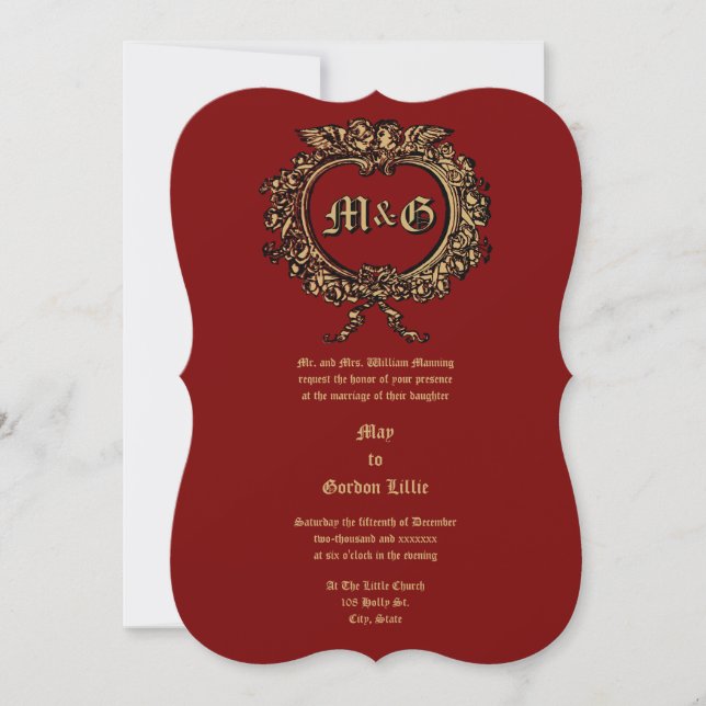 Invitation Rose en forme de coeur Cartouche & Cherub Couple (Devant)