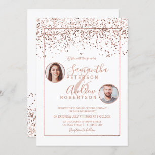 Invitation Rose en or confetti blanc cercle photo mariage