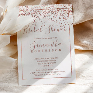 Invitation Rose en or confetti blanc script nuptiale douche