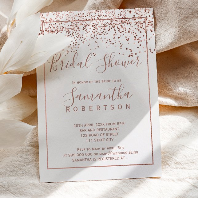 Invitation Rose en or confetti blanc script nuptiale douche (Créateur téléchargé)
