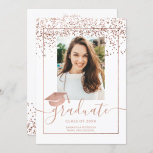 Invitation Rose en or confetti blanc typographie graduation