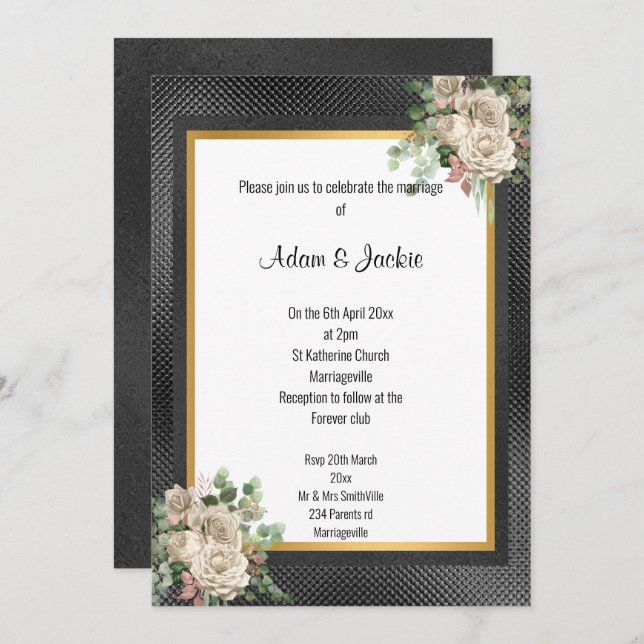 INVITATION ROSE EN OR NOIR EN COULEUR EUCALYPTUS MARIAGE 2 (Devant / Derrière)