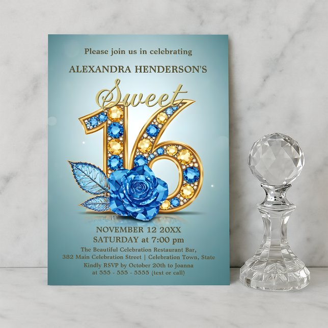 Invitation Rose en pierre précieuse Bleu Or Gemme Douze Ans  (Créateur téléchargé)