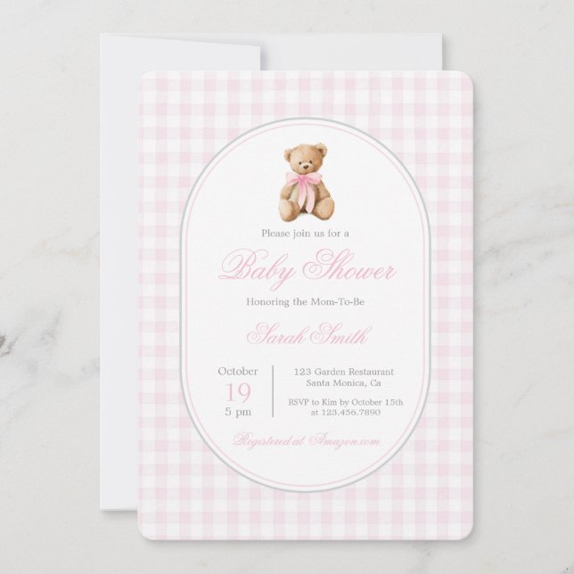 Invitation Rose En vichy ours Baby shower fille (Devant)