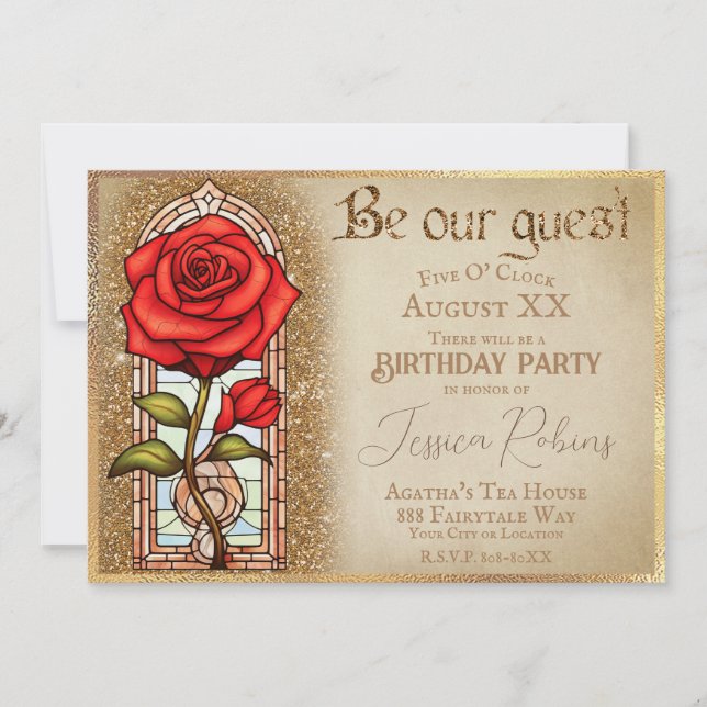 Invitation Rose en vitrail thème La Belle et la Bête (Devant)