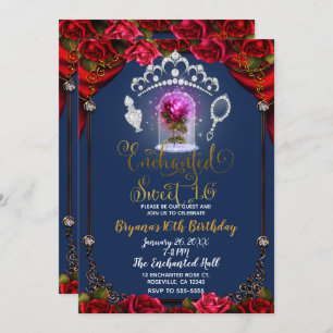 Invitation Rose enchanté Beauté Sweet 16 Party Blue Gold
