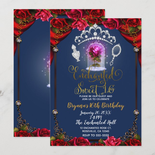 Invitation Rose Enchantée Beauté Sweet 16 Fête Bleu Or (Devant / Derrière)