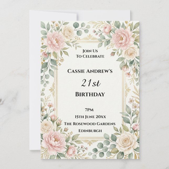 Invitation Rose Épanoui Milestone Fête d'Anniversaire (Devant)