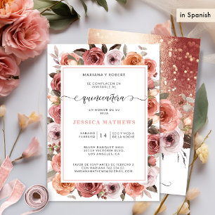 Invitation Rose espagnol Gold Quinceañera rose, floral blush