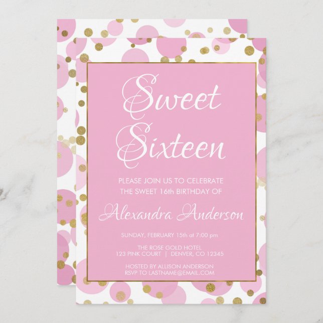 Invitation Rose et anniversaire du bonbon 16 à confettis de (Devant / Derrière)