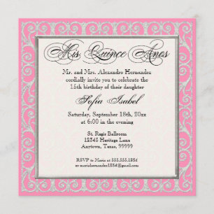 Invitation Rose et argent, diamants et dentelle, coing Anos
