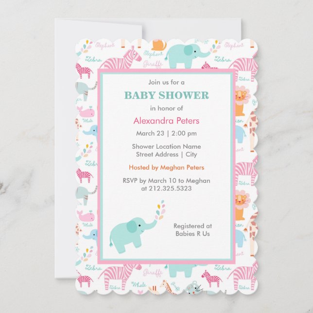 Invitation Rose et baby shower animal mignon bleu de safari (Devant)