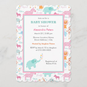 Invitation Rose et baby shower animal mignon bleu de safari