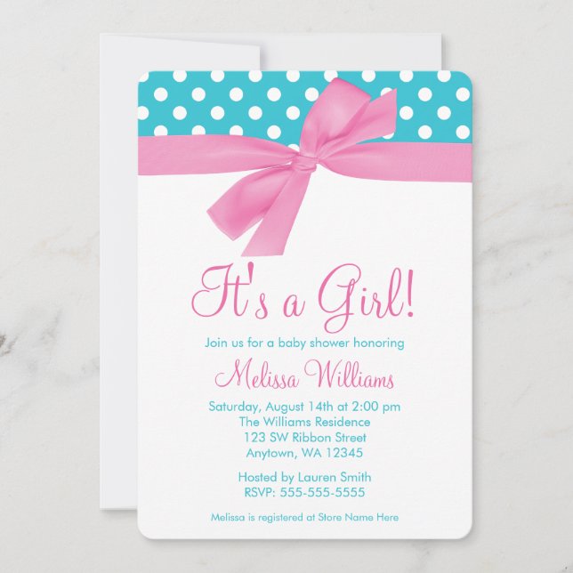 Invitation Rose et baby shower turquoise de point de polka (Devant)