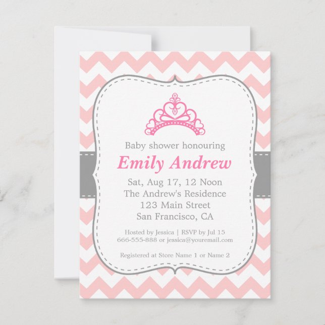 Invitation Rose et Blanc Chevron, Baby Shower Fille Princesse (Devant)