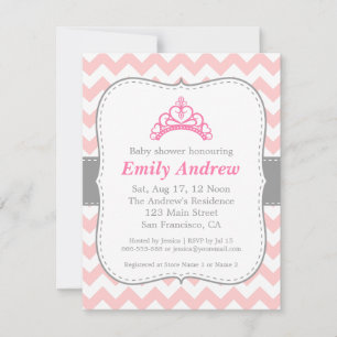 Invitation Rose et Blanc Chevron, Baby Shower Fille Princesse
