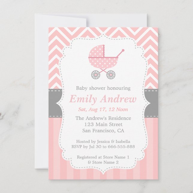 Invitation Rose et Blanc Chevron, Poussette, Fête de Naissanc (Devant)