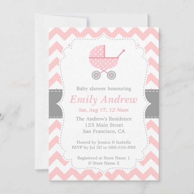 Invitation Rose et Blanc Chevron, Poussette, Fête de Naissanc (Devant)