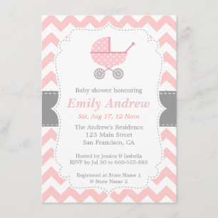 Invitation Rose et Blanc Chevron, Poussette, Fête de Naissanc