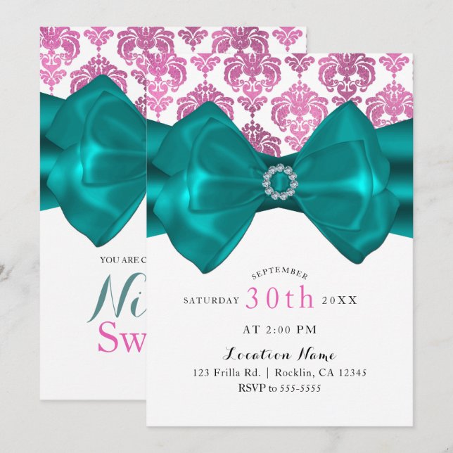 Invitation Rose et Blanc Damassé Nœud Papillon Sarcelle Glamo (Devant / Derrière)