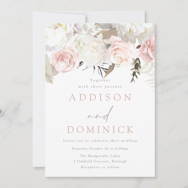Invitation Rose et blanc Flore Mariage moderne (Devant)