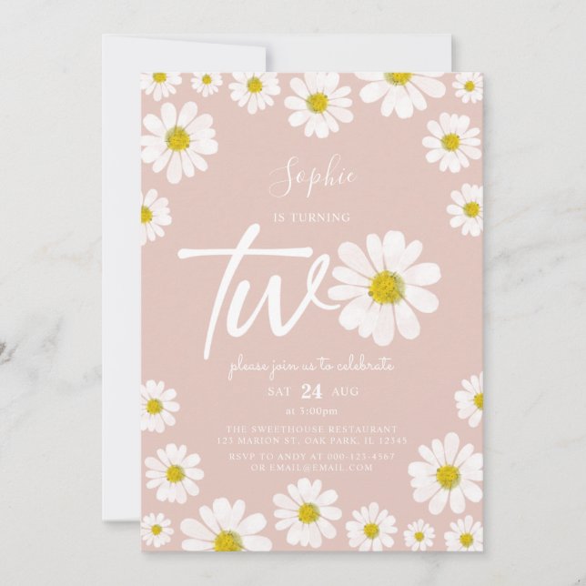 Invitation Rose et blanc Retro Daisy 2e anniversaire (Devant)