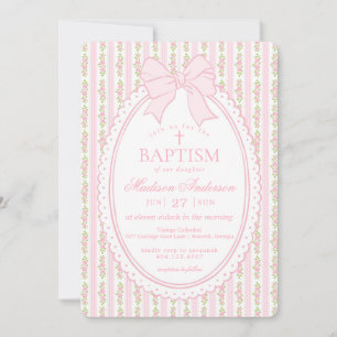 Invitation Rose et Blanc Vintage Élégant Floral Baptême
